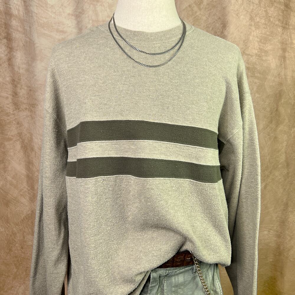 Center Stripe Sweater Knit Long Sleeve Tan Green Vintage Y2K Indie Skater